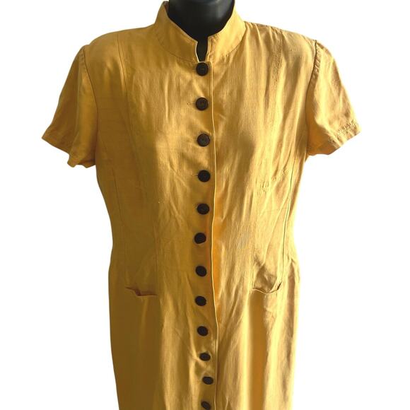 Vintage 90s Minimalist Silk Midi Dress Mustard Yellow Mandarin Collar Button 10 - Picture 4 of 7